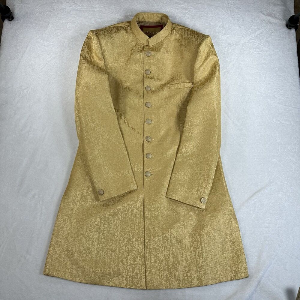 Ethnix Mens Gold Sherwani Jacket Indo Western Wedding Formal India 39x22”